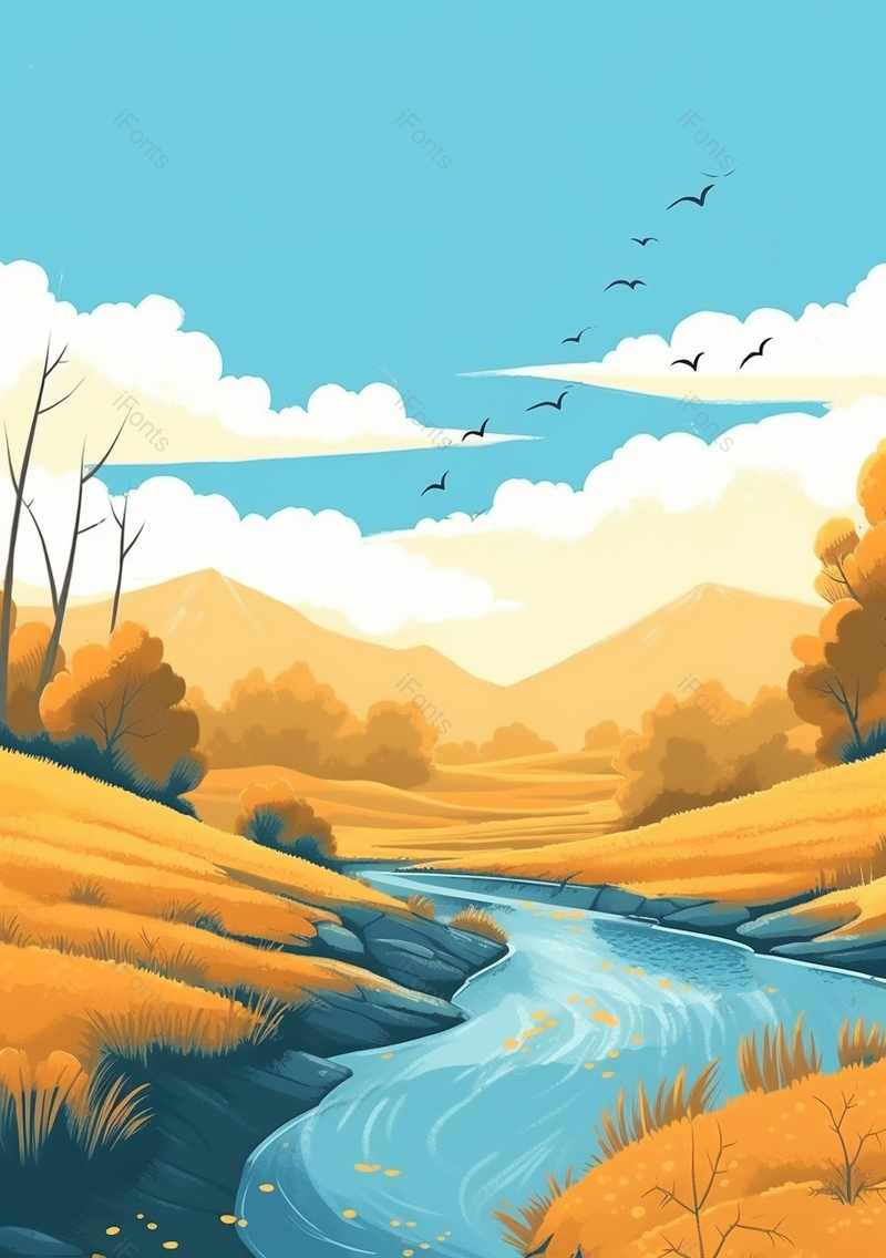 蓝天白云下的秋日田野河流自然手绘美景,插画/手绘图,插画/手绘图库,插画/手绘图下载,插画/手绘